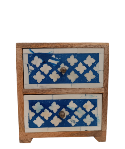 Κουτί με δύο συρτάρια από ξύλο ακακίας με ένθετο κόκκαλο μπλε σχέδια.