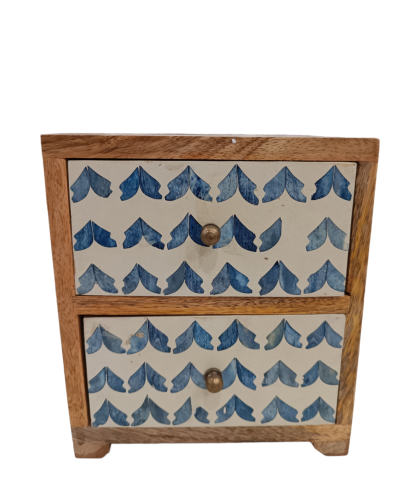 Κουτί με δύο συρτάρια από ξύλο ακακίας με ένθετο κόκκαλο μπλε σχέδια 2
