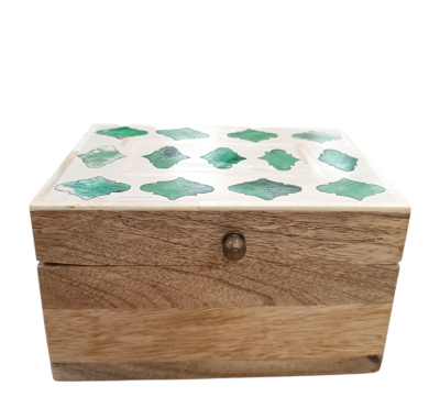 Κουτάκι από ξύλο ακακίας με ένθετο κόκκαλο με πράσινο-άσπρα σχεδία 2