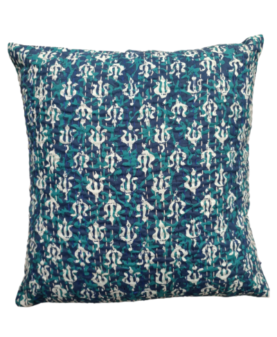 Διακοσμητικό μαξιλάρι Kantha 40x40 μπλε με πράσινα και μπλε σχέδια (με γέμιση)