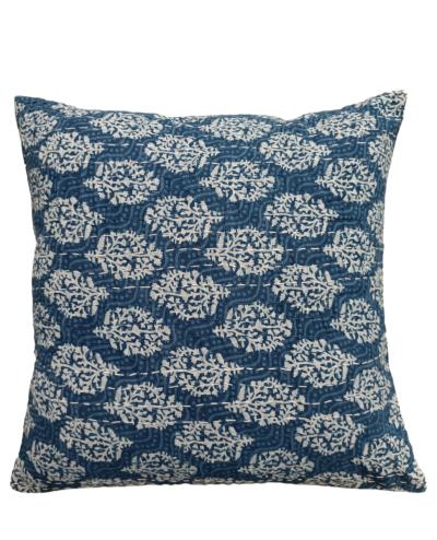 Διακοσμητικό μαξιλάρι Kantha 40x40 μπλε με λεύκα σχέδια (με γέμιση)