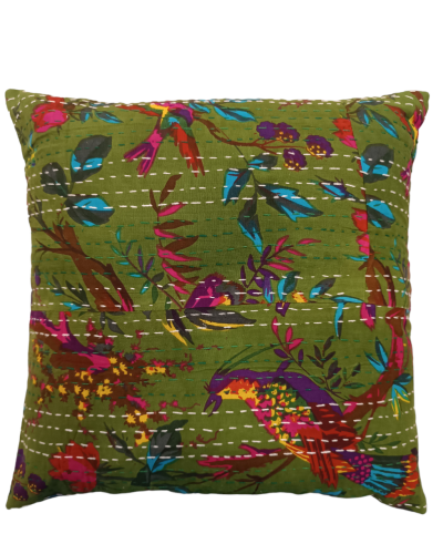Διακοσμητικό μαξιλάρι Kantha 40x40 λαδί με λουλούδια και πουλάκια (με γέμιση)