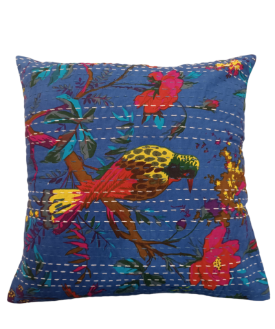 Διακοσμητικό μαξιλάρι Kantha 40x40 μπλε με λουλούδια και πουλάκια (με γέμιση)