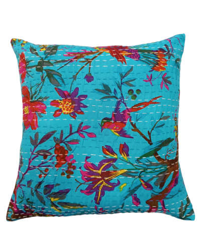 Διακοσμητικό μαξιλάρι Kantha 40x40 γαλάζιο με λουλούδια και πουλάκια (με γέμιση)
