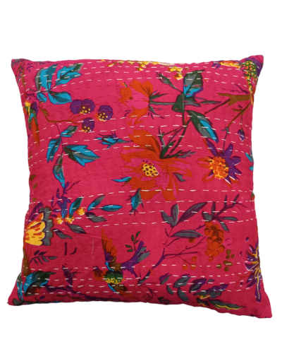 Διακοσμητικό μαξιλάρι Kantha 40x40 ροζ με λουλούδια και πουλάκια (με γέμιση)