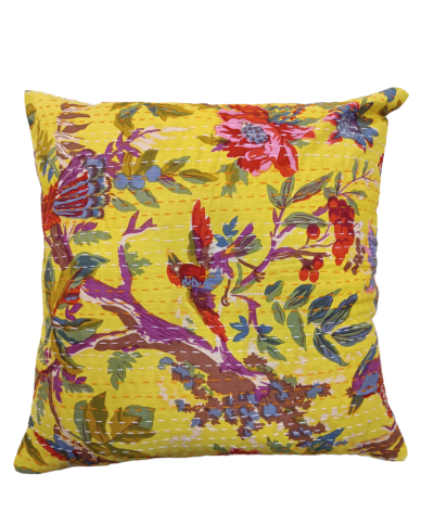 Διακοσμητικό μαξιλάρι Kantha 40x40 κίτρινο με λουλούδια και πουλάκια (με γέμιση)