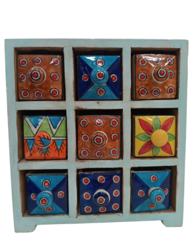 Συρτάρι ξύλινο γαλάζιο με κεραμικά (9)συρτάρια 